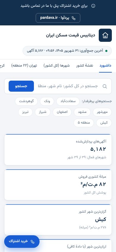 نمای موبایل دیتابیس قیمت مسکن